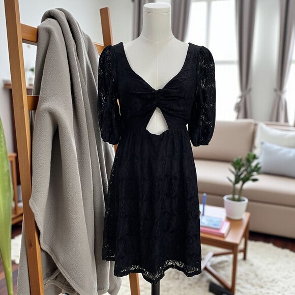NSR Black Lace Puff Sleeve Cutout Mini Dress Size Small Coquette Romantic Y2K - Picture 1 of 10